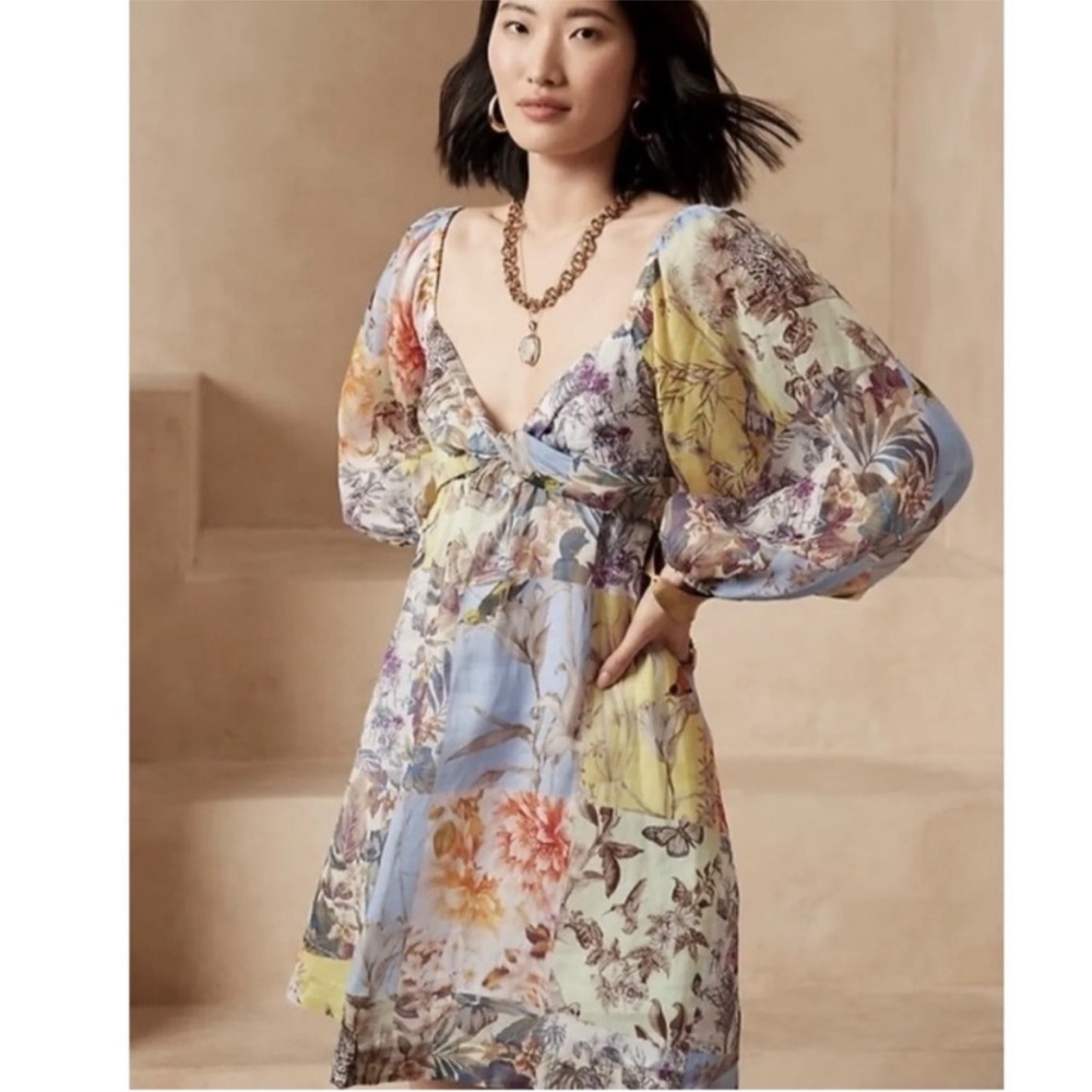 BANANA REPUBLIC Ramie Twist Dress in Patchwork Blue